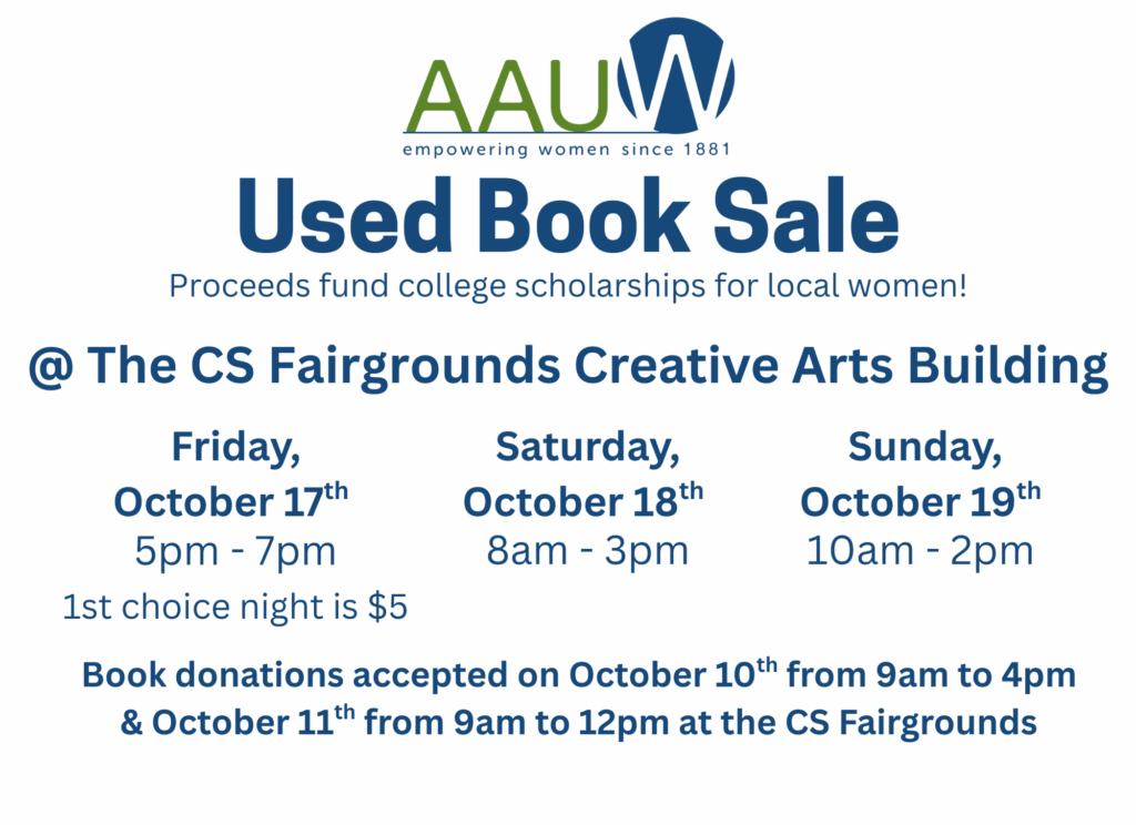 AAUW event flyer with details for the 2025 Used Book Sale